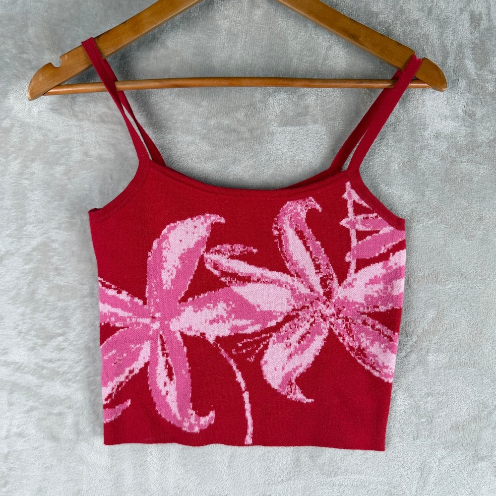 Third Charm Womens Red Pink Floral Knit Camisole Crop Top XS Y2K Tropical Tank